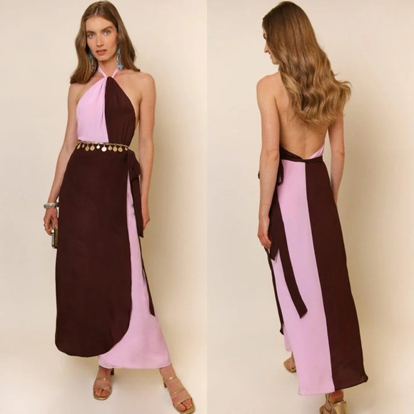 RIXO Silk Bluebelle Chocolate Lilac Midi Dress